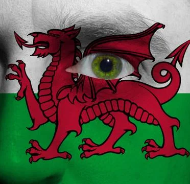 Face with the welsh flag painted on it Stock Photos