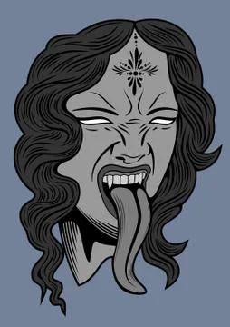 Face witch with vampire fangs, leaning long tongue Stock Illustration