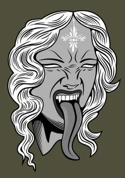 Face witch with vampire fangs, leaning long tongue Stock Illustration