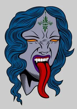 Face witch with vampire fangs, leaning long tongue Stock Illustration