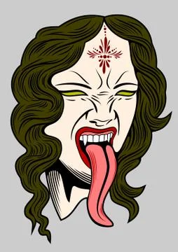 Face witch with vampire fangs, leaning long tongue Stock Illustration