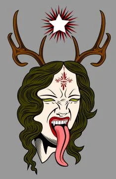 Face witch with vampire fangs, leaning long tongue Stock Illustration