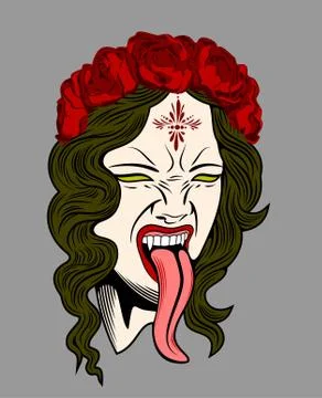 Face witch with vampire fangs, leaning long tongue Stock Illustration