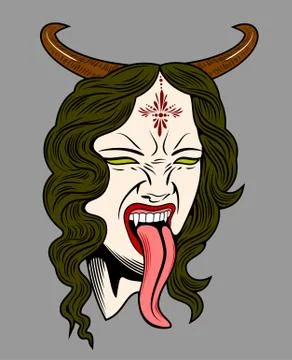 Face witch with vampire fangs, leaning long tongue Stock Illustration