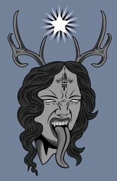 Face witch with vampire fangs, leaning long tongue Stock Illustration
