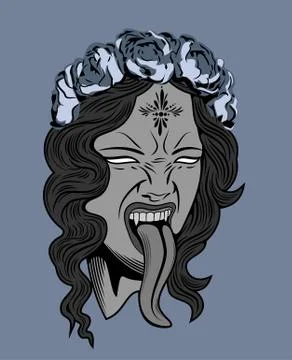 Face witch with vampire fangs, leaning long tongue Stock Illustration