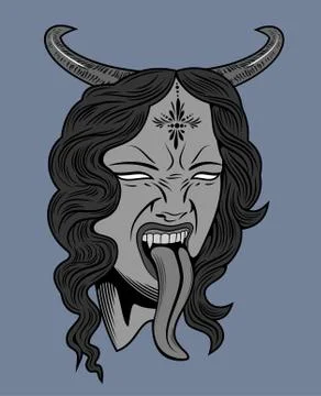 Face witch with vampire fangs, leaning long tongue Stock Illustration