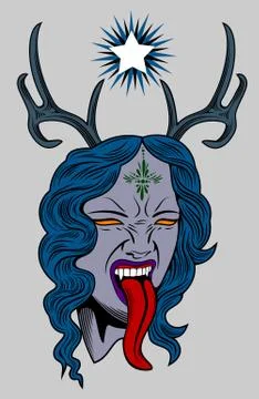 Face witch with vampire fangs, leaning long tongue Stock Illustration