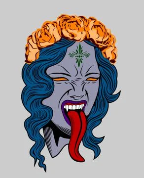 Face witch with vampire fangs, leaning long tongue Stock Illustration