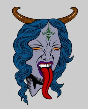 Face witch with vampire fangs, leaning long tongue Stock Illustration
