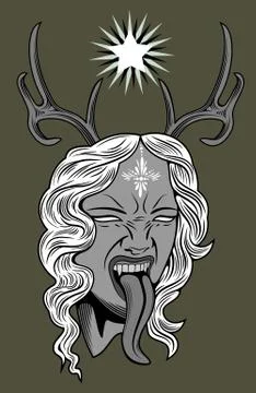 Face witch with vampire fangs, leaning long tongue Stock Illustration