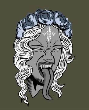 Face witch with vampire fangs, leaning long tongue Stock Illustration