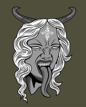 Face witch with vampire fangs, leaning long tongue Stock Illustration