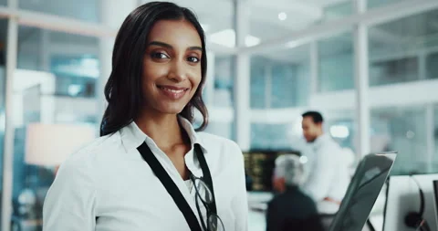Face, woman and developer with laptop in office for research, programming and Stock Footage 308996542