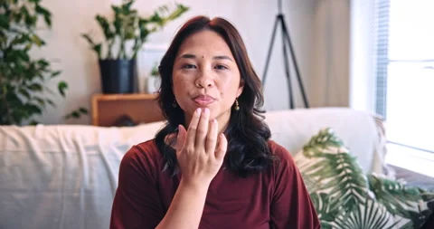 Face, woman and eft tapping therapy on video call for stress relief, online Stock Footage 331506102