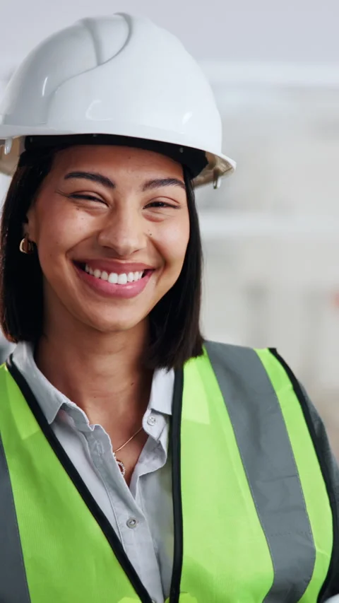 Face, woman and engineer at construction site, smile and laugh for development Stock Footage 342311985