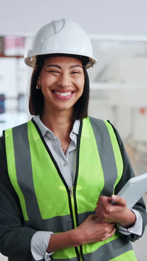 Face, woman and engineer at construction site, tablet and laugh for development Stock Footage 342314132