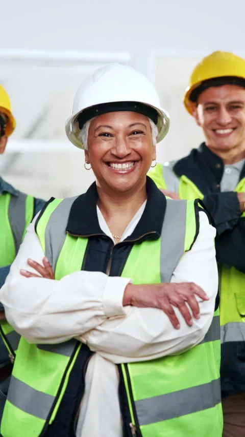 Face, woman and engineer with construction team, development and leadership in Stock Footage 342314168