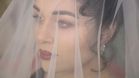 Face of the young beautiful bride under the white wedding veil Vídeo Stock 71471345