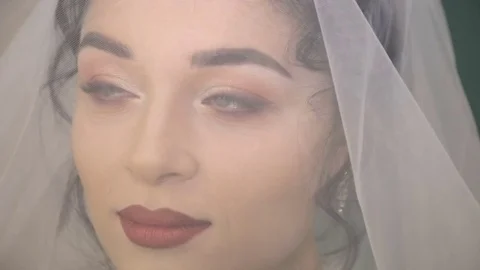 Face of the young beautiful bride under the white wedding veil Vídeo Stock 71473059