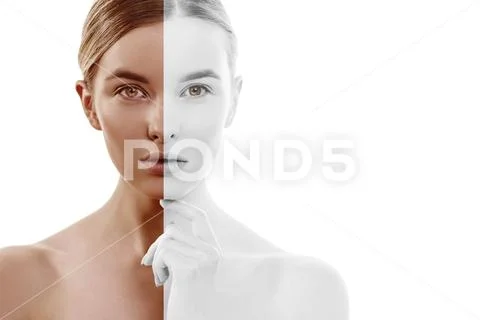 The face of the young woman in before and after concept Stock Photos