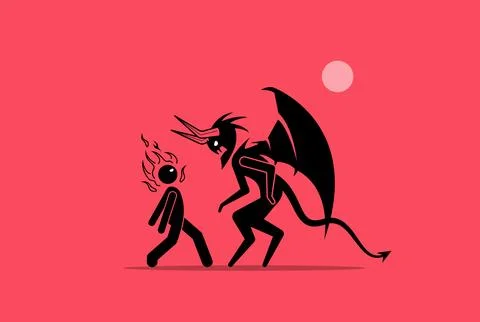 Face your demon. Man confront his fear and facing up against the demon. Vecto Stock Illustration