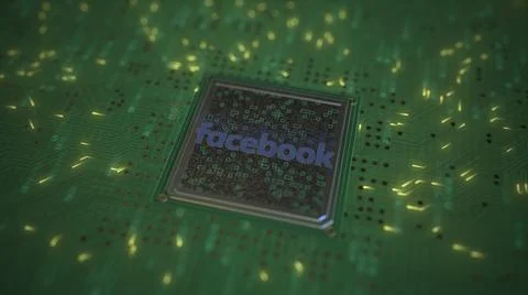 FACEBOOK logo on the chip on computer board. Conceptual editorial 3d rendering Stock Illustration