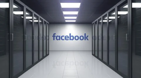 Facebook logo on the wall of the server room. Editorial 3D rendering Stock Illustration