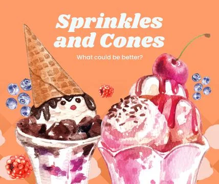 Facebook post template with sundae ice cream concept, watercolor style Stock Illustration