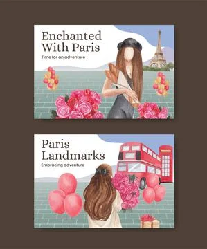 Facebook template with Eifel in Paris lover concept,watercolor style Stock Illustration