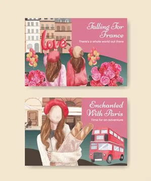 Facebook template with Eifel in Paris lover concept,watercolor style Stock Illustration