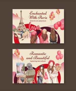 Facebook template with Eifel in Paris lover concept,watercolor style Stock Illustration