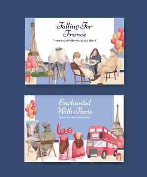 Facebook template with Eifel in Paris lover concept,watercolor style Stock Illustration