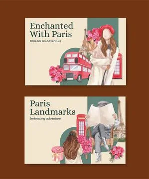 Facebook template with Eifel in Paris lover concept,watercolor style Stock Illustration
