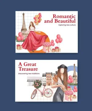Facebook template with Eifel in Paris lover concept,watercolor style Stock Illustration