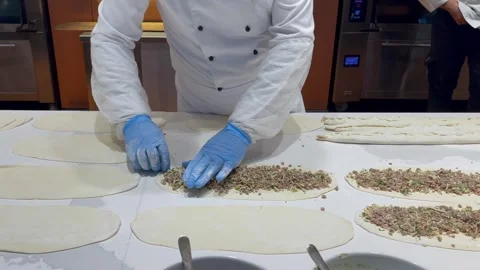 Faceless chef making pide with meat. Turkish style meat pie Stock Footage 271731738