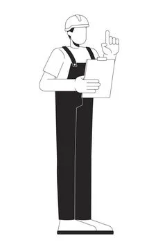Faceless construction worker holding clipboard pointing up 2D line character Illustrazione stock