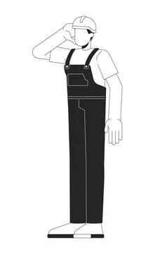 Faceless construction worker in uniform scratching head 2D line character Stock Illustration