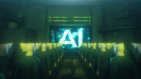 Faceless Crowd Facing Large AI Screen in Futuristic Control Room - 4K Stock Footage 321608644