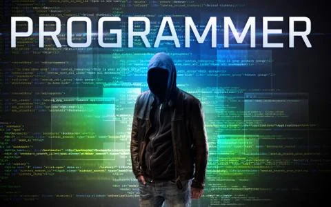 Faceless hacker on code background Stock Photos
