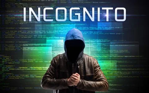 Faceless hacker on code background Foto stock