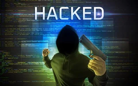Faceless hacker on code background Foto stock