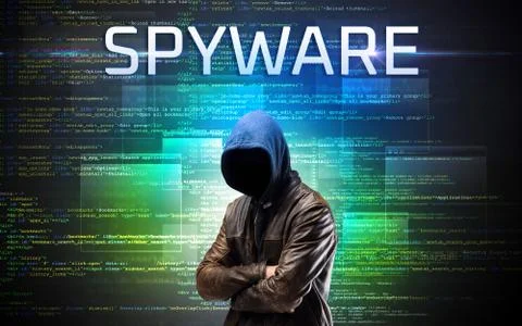 Faceless hacker on code background Stockfoto's
