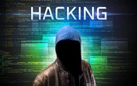 Faceless hacker on code background Foto stock