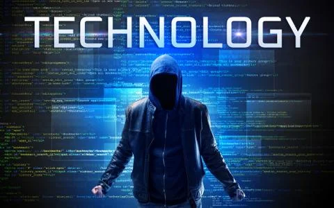 Faceless hacker on code background Foto stock