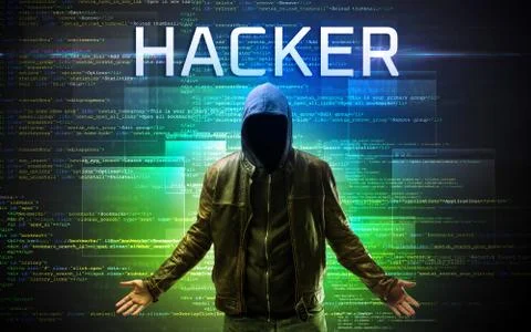 Faceless hacker on code background Foto stock
