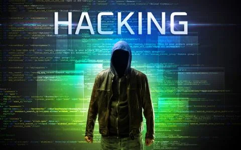 Faceless hacker on code background Stock Photos
