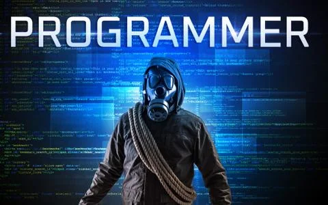 Faceless hacker on code background Foto stock