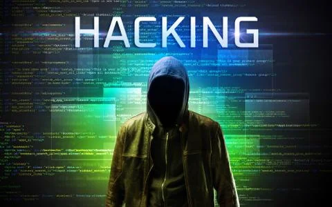 Faceless hacker on code background Foto stock