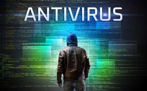 Faceless hacker on code background Stockfoto's